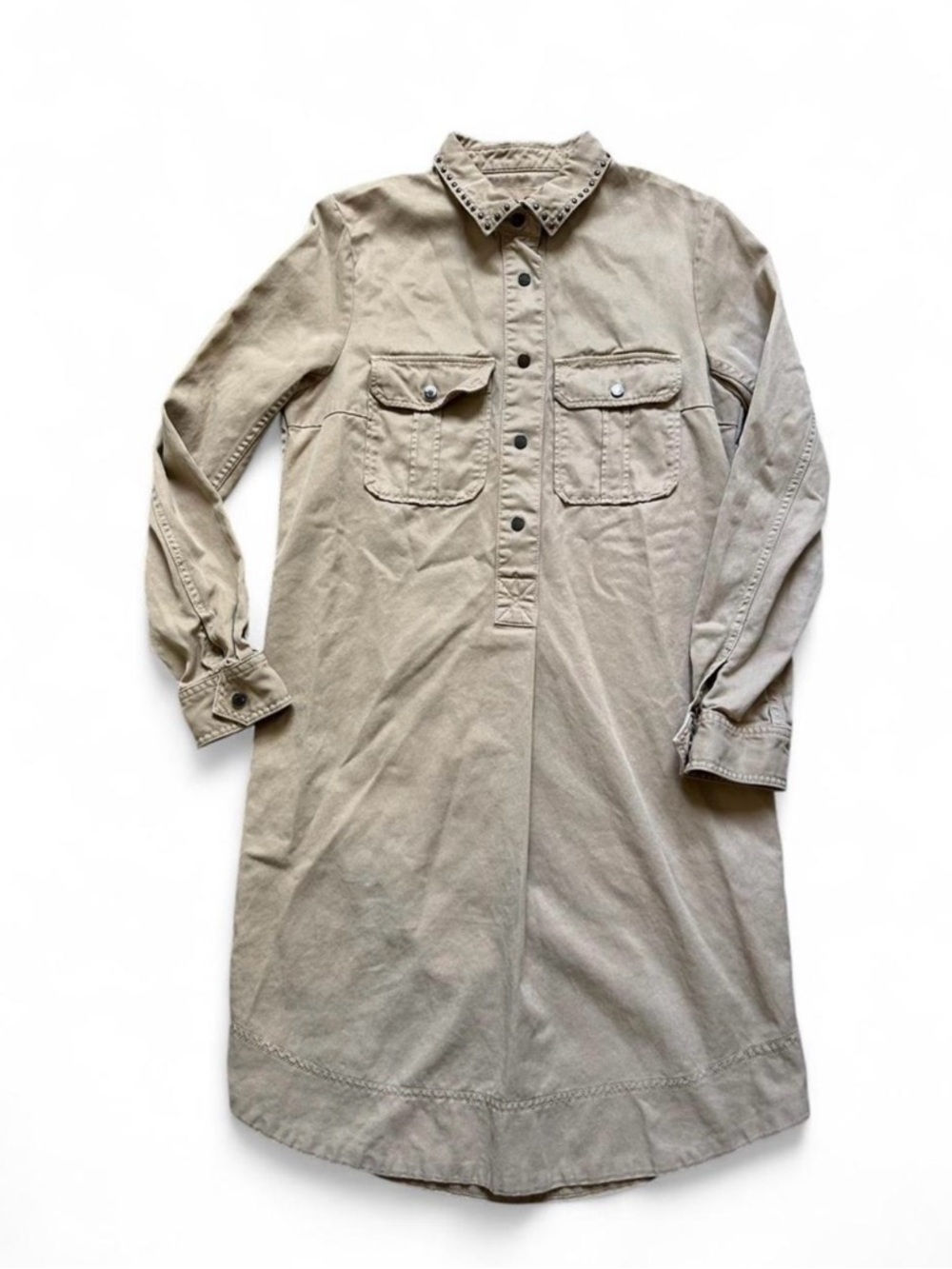 Zadig & Voltaire Mid-Lenght Beige Cotton Studded Long Sleeve Polo Dress